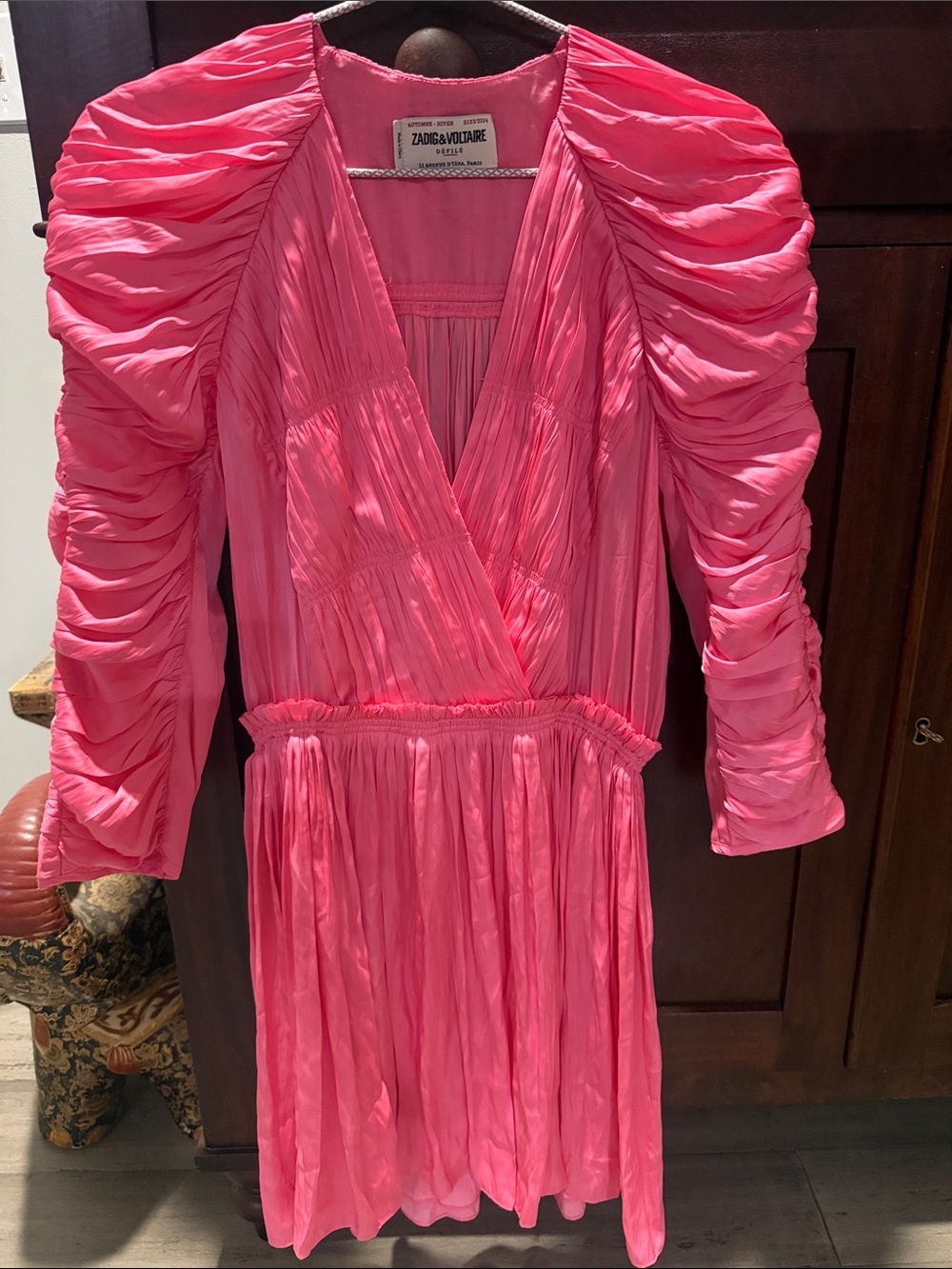 Zadig & Voltaire Hot Pink Satin Ruched V-Neck Dress- women’s Medium